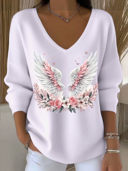 Дамска прекрасна светло лилаво суитчър v-neck с ангелски крила и флорален печат