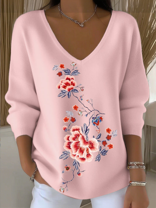 Жените ярки цветя бродирани розов v-врата отгоре