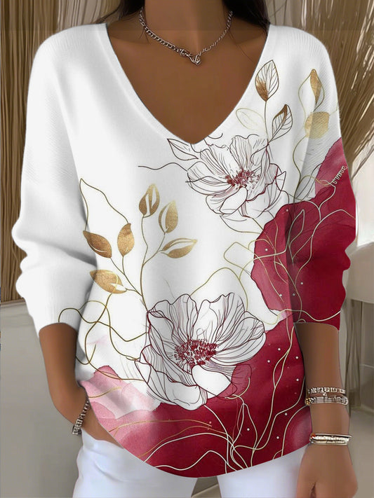 Жените шик злато & червено флорални линия изкуство печат v-врата отгоре