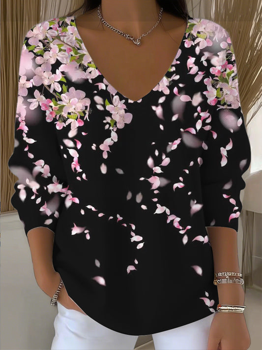 Жените романтична череша цъфтеж печат черен v-врата отгоре