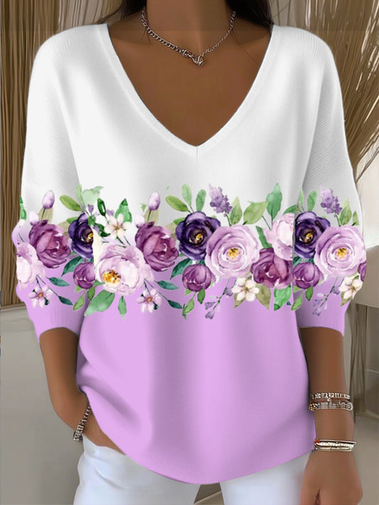 Жените сладко лилаво цветен печат цвят-блок v-врата отгоре
