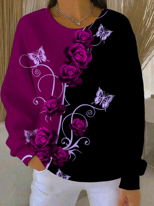 Зашеметяващ лилаво роза и пеперуда печат цвят-блок суитчър